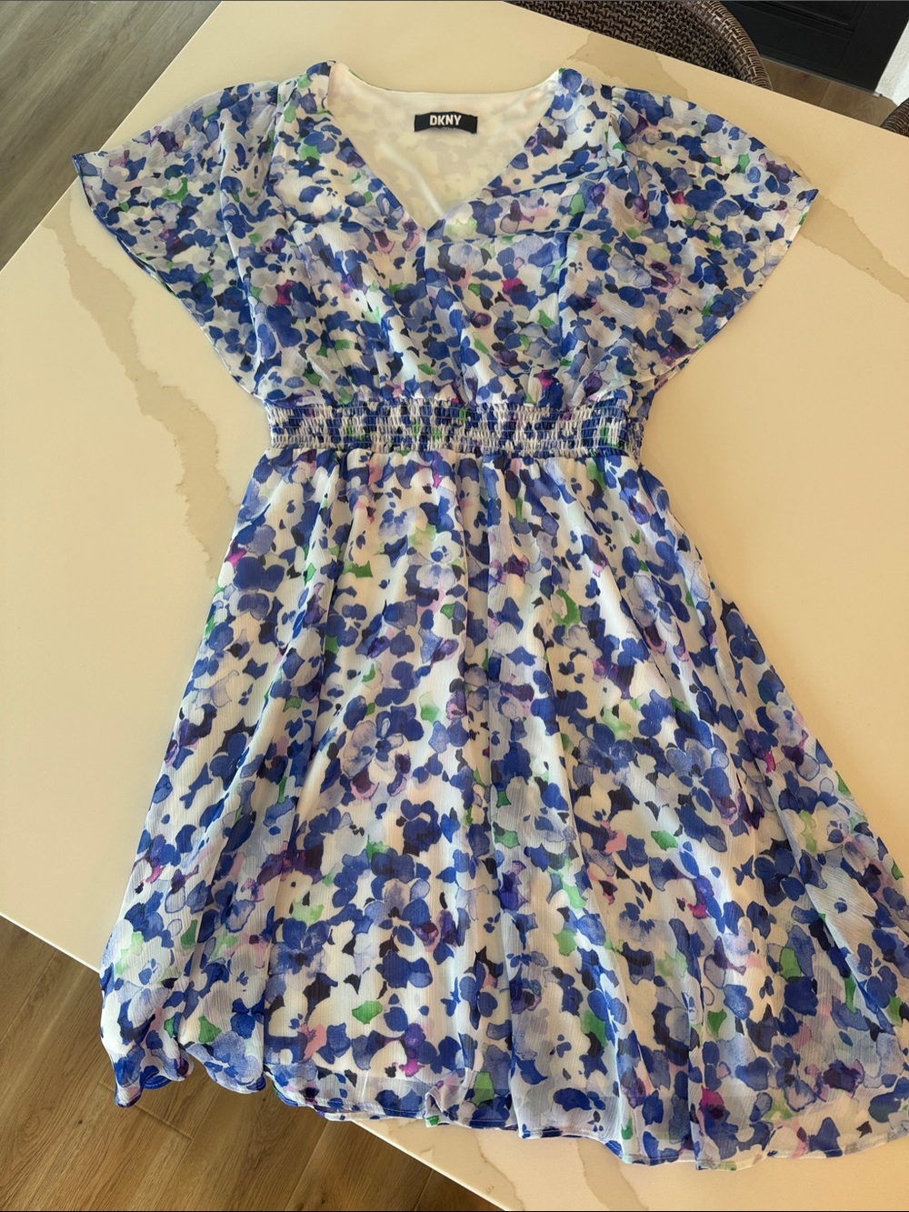 Dkny Blue Floral V-Neck Smocked Waist Dress